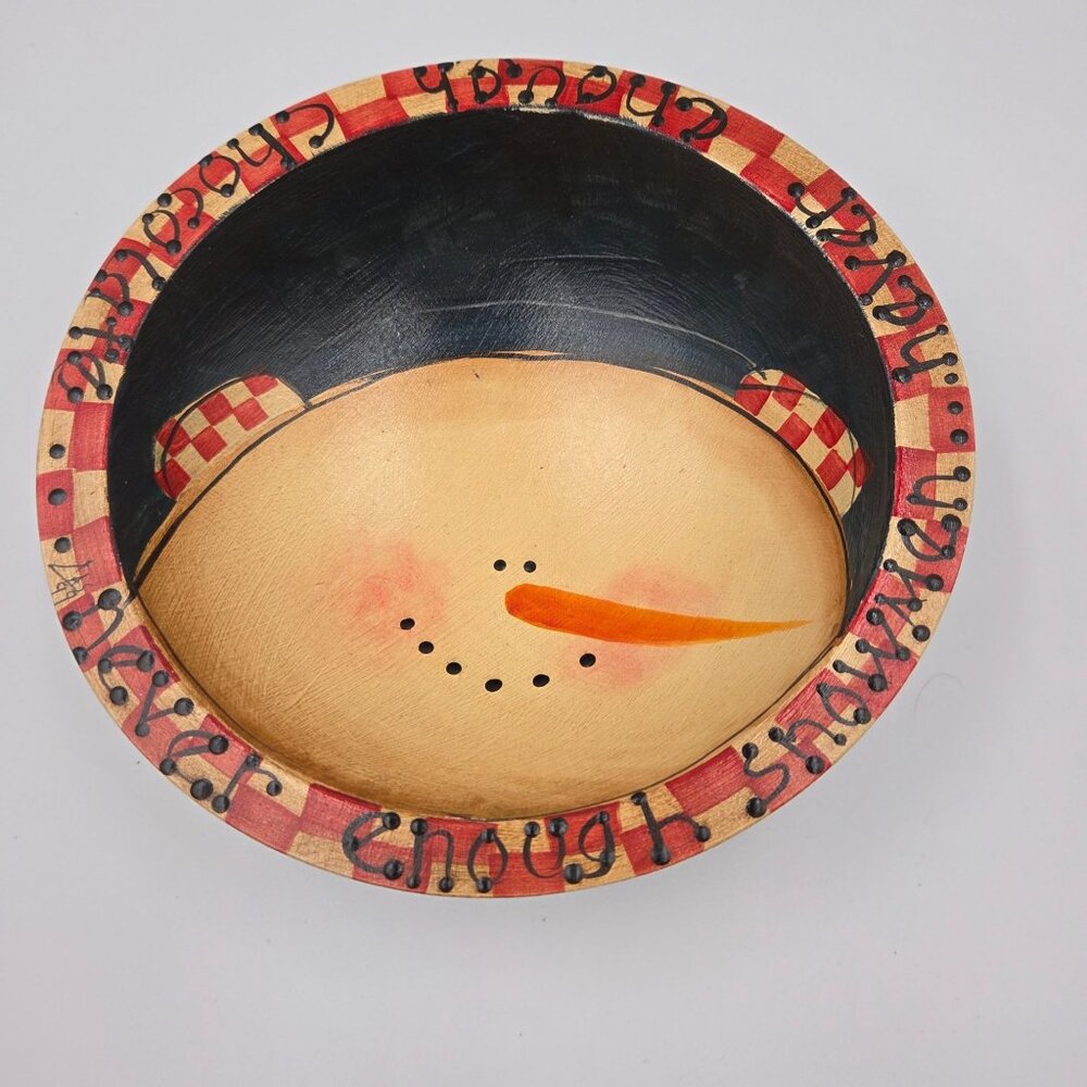 Hand Painted Wood Bowl Snowman Primitive Folk Art Christmas Winter Signed
